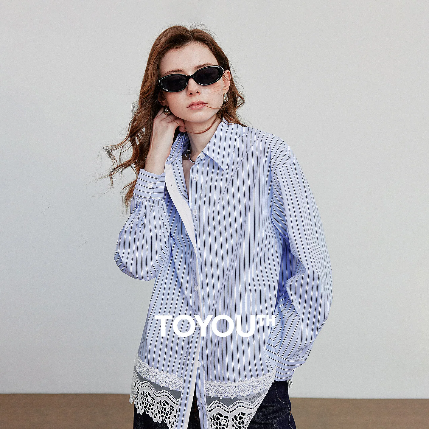 

TOYOUTH Women Striped Blouse Shirt 2025 Autumn New Spliced Lace Long Sleeve Turn Down Collar Office Lady Fashionable Blusa Tops