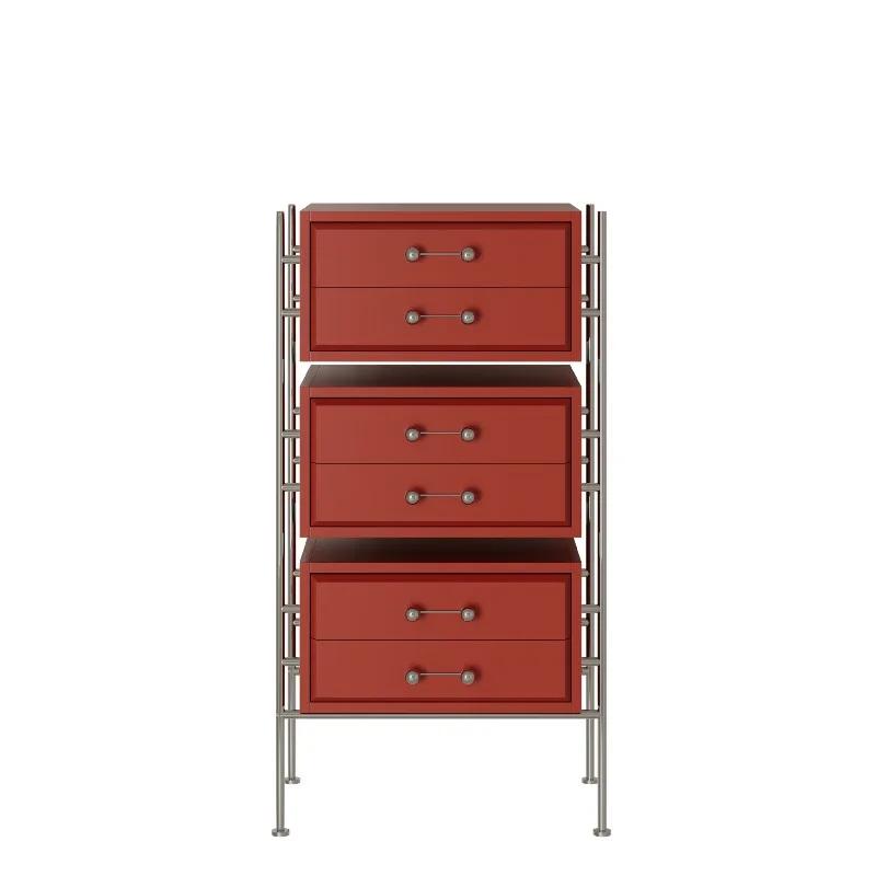 Simple metal design wall side cabinet, storage three buckets modern solid wood cabinet burgundy black
