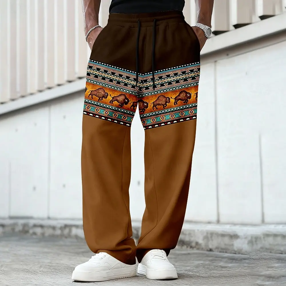 

Мужские спортивные штаны в этническом индийском стиле, брюки, повседневные брюки, винтажные прямые брюки для тренировок на открытом воздухе с эластичным шнурком на талии