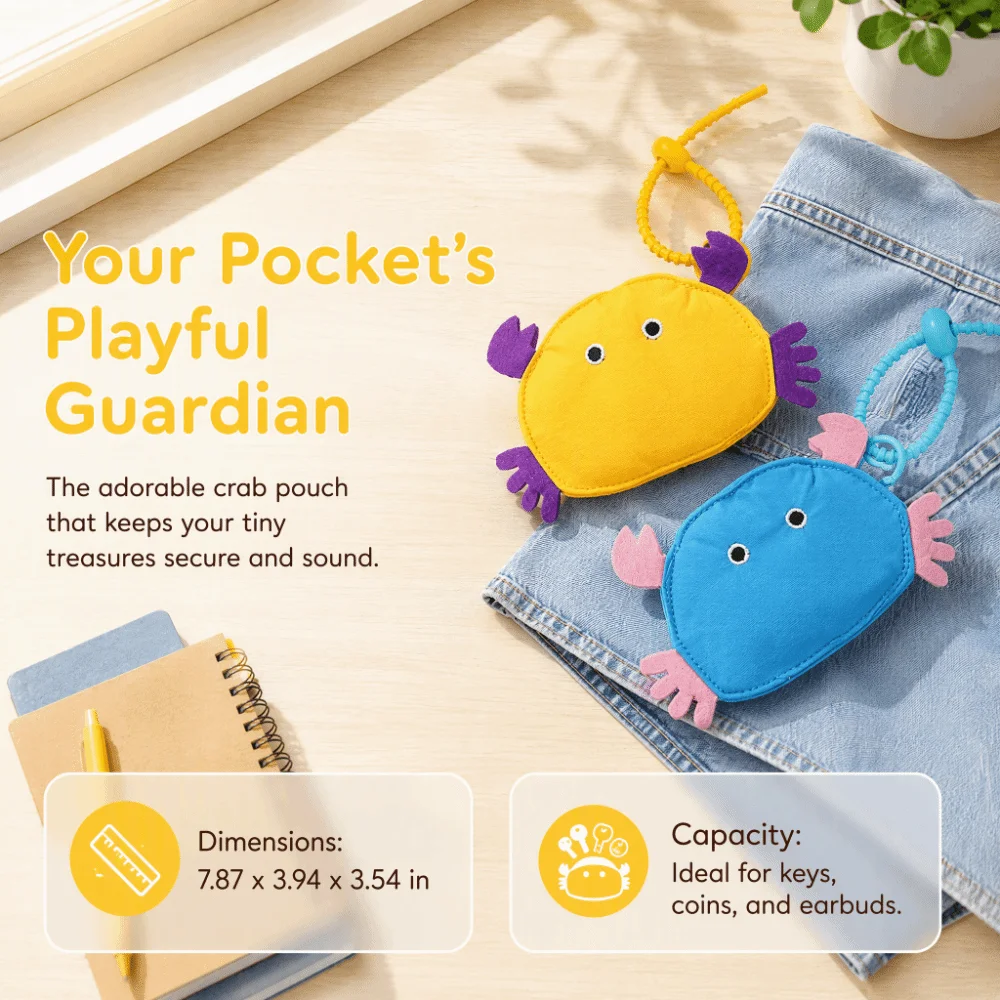 Soft Plush Material Crab Shaped Storage Pouch Compact Mini Size Zipper Pouch Small Bag Charm Keychain Playful Appearance