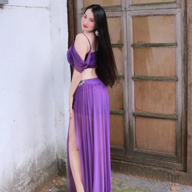 Aangepaste buikdanskostuums paarse prestatieset sexy klasse jurk groot formaat Indiase kleding dames exotische danskleding