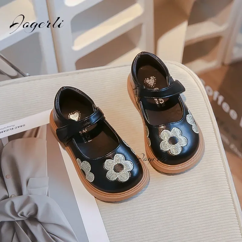 Spring Autumn New Girls PU Leather Shoes Little Kids Fashion Princess Flats Korean Embroidered Flower Leisure Baby Footwear