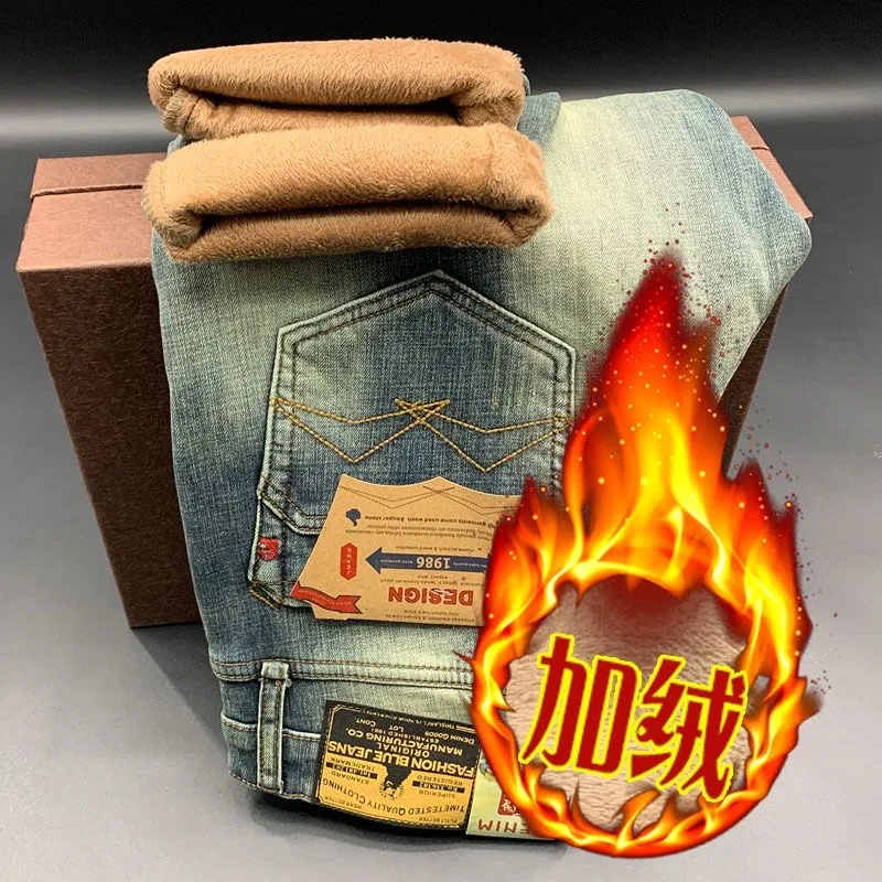 

Men's Fce Lined Distred Straight Leg Jeans Winter Warm High Waist Zipper Closure Faionable Youthful Long Pants