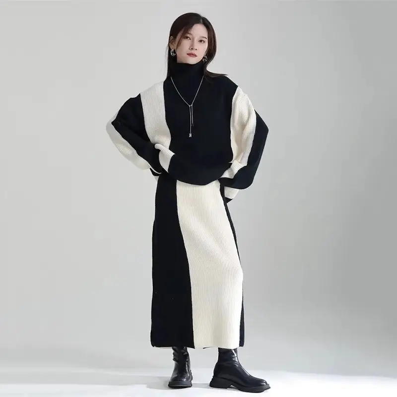 

2023 new knitted women thickened turtleneck color-blocked sweater skirt y2k Korean style lazy slim two-piece suit