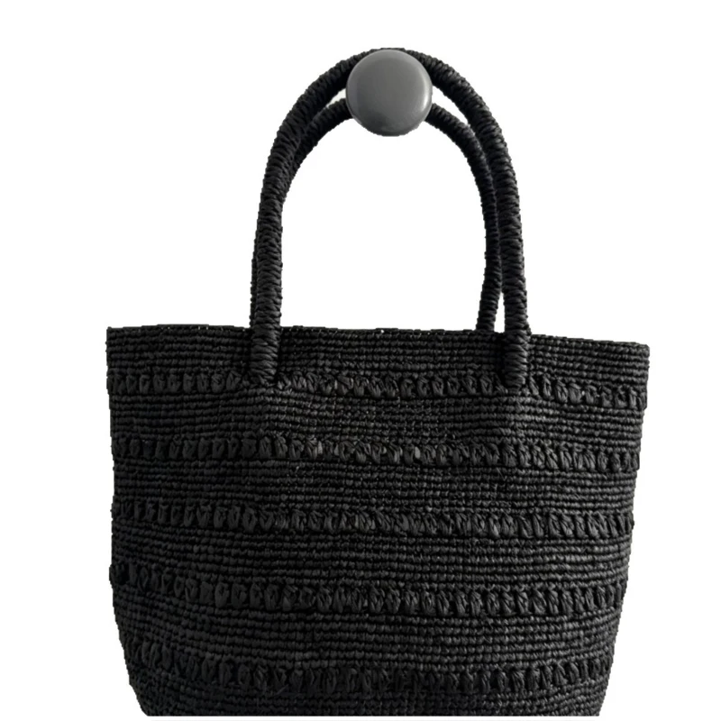 Einfarbige gewebte Handtasche, leichte Damen-Umhängetasche mit großem Fassungsvermögen, japanische Sommer-Strand-Urlaubstasche, lässige Pendler-Tragetasche – Detail 1