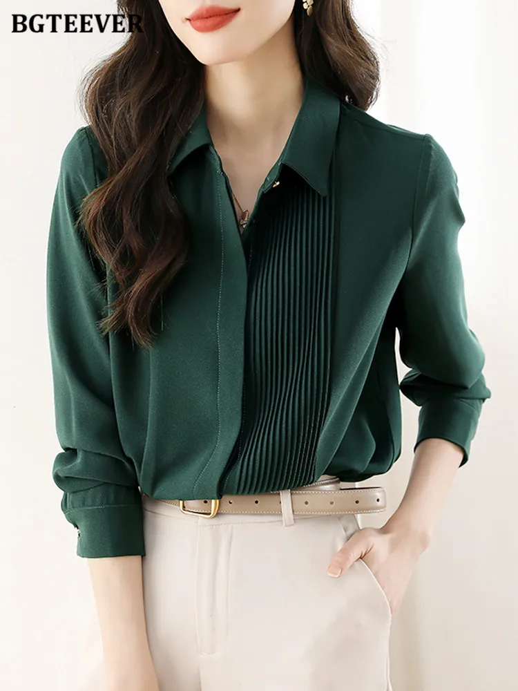 

BGTEEVER Elegant Lapel Single-breasted Solid Shirts Women Long Sleeve Loose Pleated Female Blouses Spring Ladies Tops