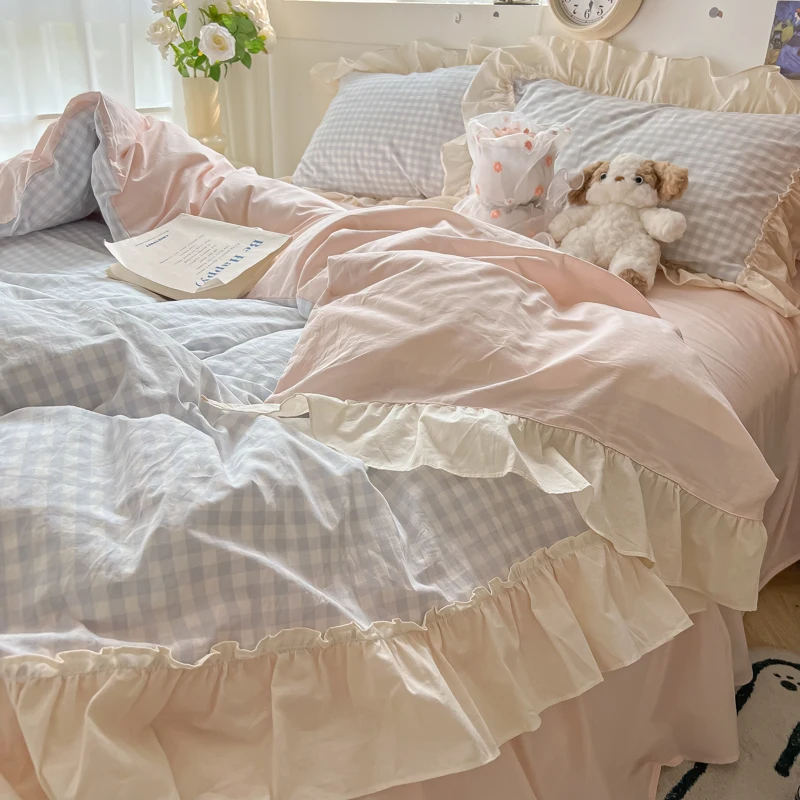 Korean Princess Style Bedding Set Soft Skin-friendly Lattice Lace Ruffles Quilt Cover Plaid Style Duvet Covers Set Pillowcases