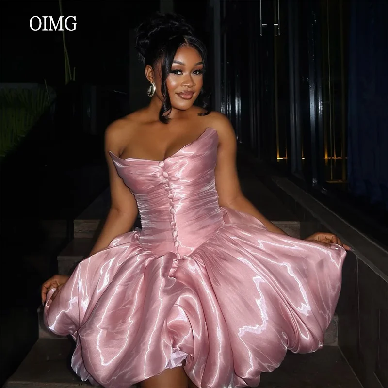 OIMG Shiny Pink Strapless Mini Prom Gowns Button Front Ruffled Party Gown Cocktail Evening Dress vestidos de gala Customized