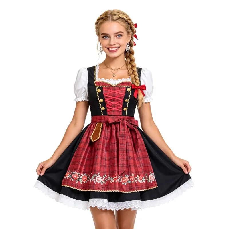 Deutsches Oktoberfest-Dirndl-Kleid, bayerisches traditionelles Bierfest-Cosplay-Kostüm, kariertes Kleid mit floraler Stickerei und Schürze.