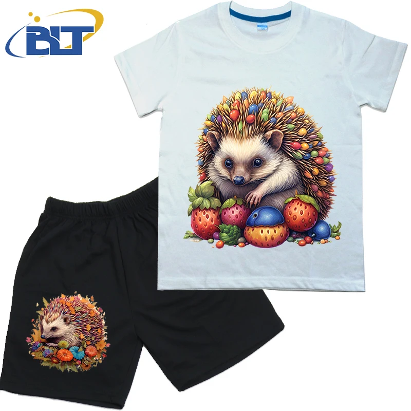 

Hedgehog picking berries print kids summer T-shirt set children's cotton short-sleeved shorts 2-piece set for boys and girls