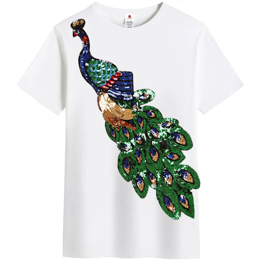 2024 Summer Elegant T-shirt Men\'s Peacock Sequined Sequins T shirts Men Fashion New Cotton Tops Tee Shirt Male Sakura Clothes