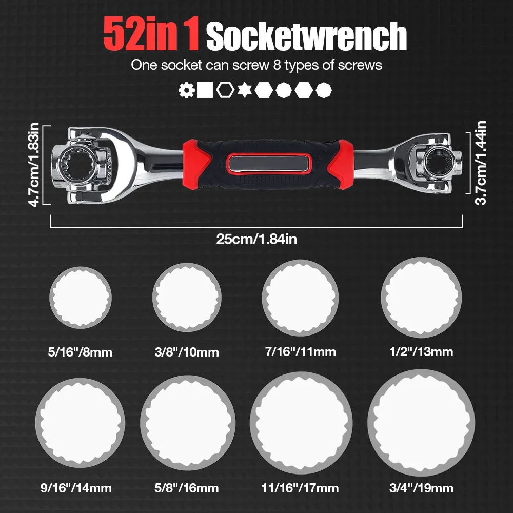 52 In 1 Universal Wrench Socket 360-degree Rotating Multi-function Wrench Hand Tools For Car Repair Adjustable Grip Multitool