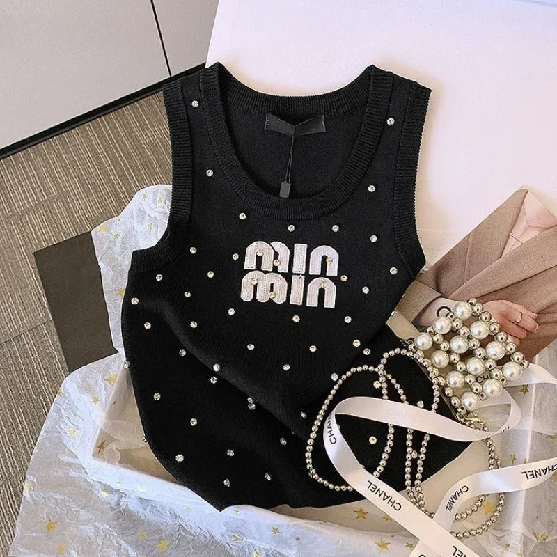 

2024 New Oversize Heavy Beading Letter Embroidery Tank Top 2024 Summer New Vest for Women O-neck Sleeveless Knitted T-shirts