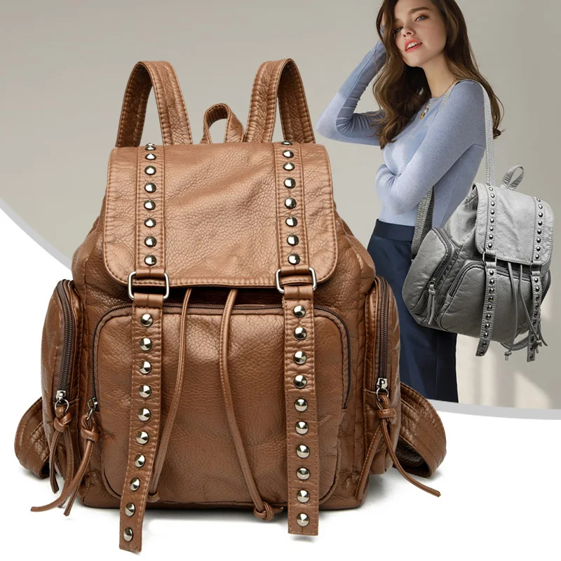 

NEW High Quality Soft Leather Women Backpacks Retro Solid Color Shoulder Bag Large Capacity Travel Shoulder Bag Girls Backpacks