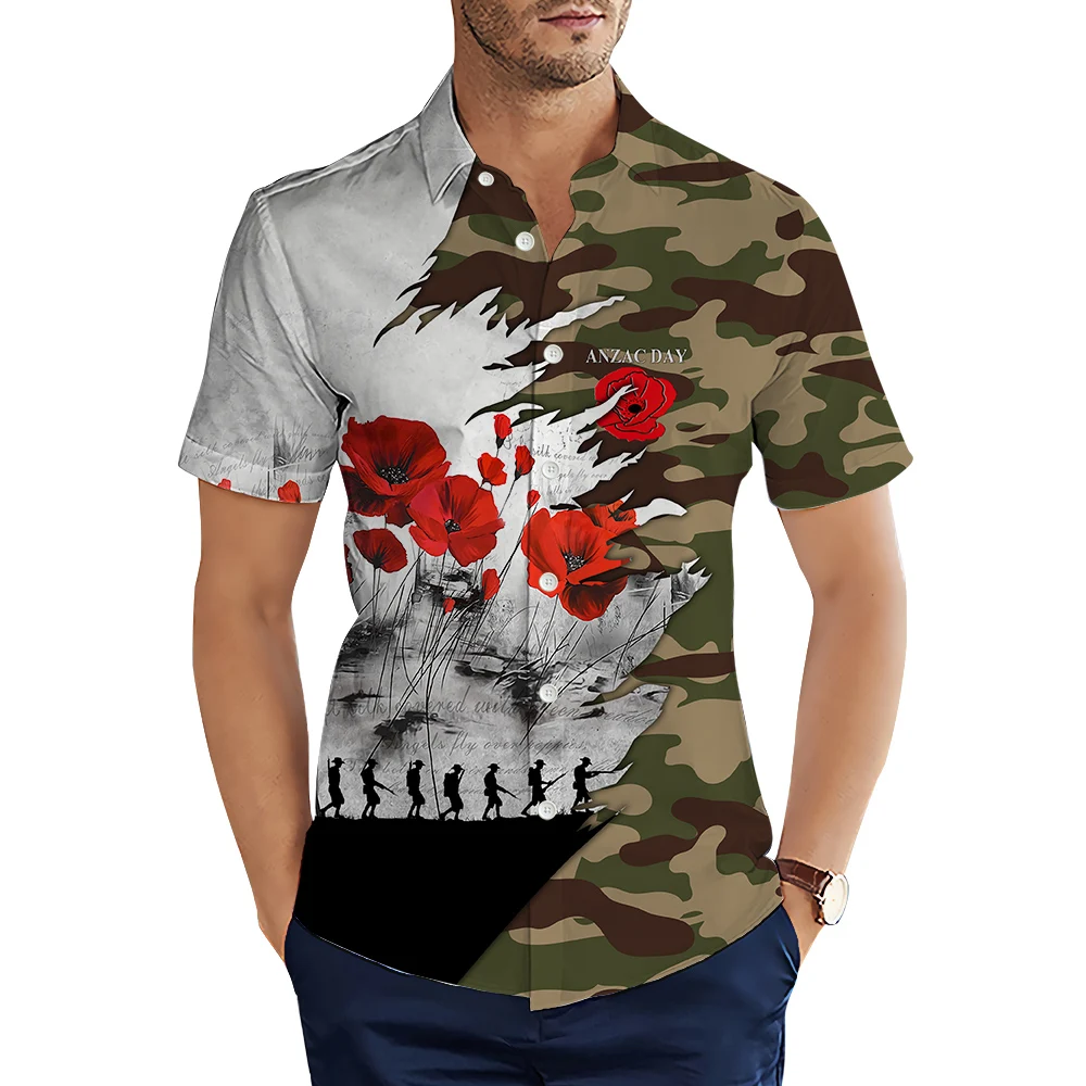 HX Camisas masculinas da moda Anzac Day Last We Forget Splicing Camisa casual impressa em 3D Camisas de verão para roupas masculinas