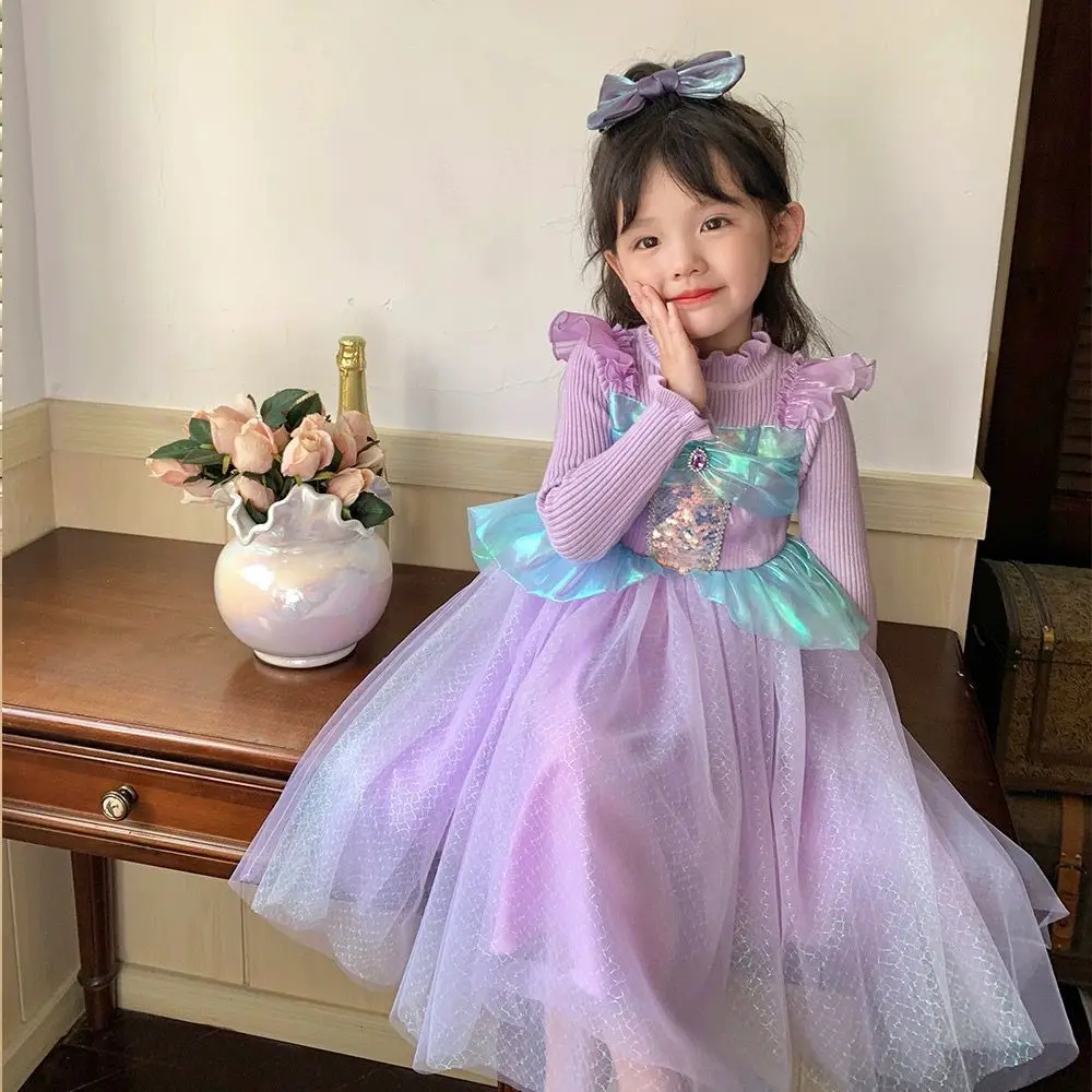 

Kids Baby Girls Princess Clothes Autumn Winter Children Sweet Shiny Mermaid Knit Warm Dress Gauze Elegance Skirts Clothes