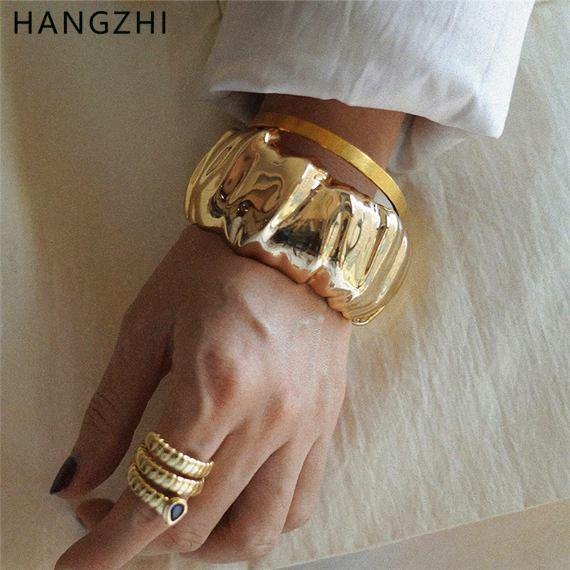 HANGZHI Punk Irregular Wrinkled Bracelet Wide Chunky Metal Vintage Trend Exaggerated for Women Men Bangle Jewelry New