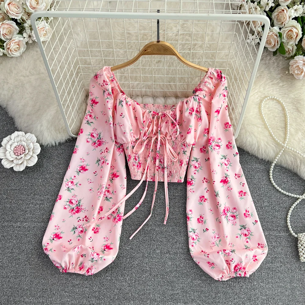 Spring Autumn Sweet Women Floral Shirts Fashionable Square Collar Lantern Long Sleeve Lace-Up Folds Short Female Blouse