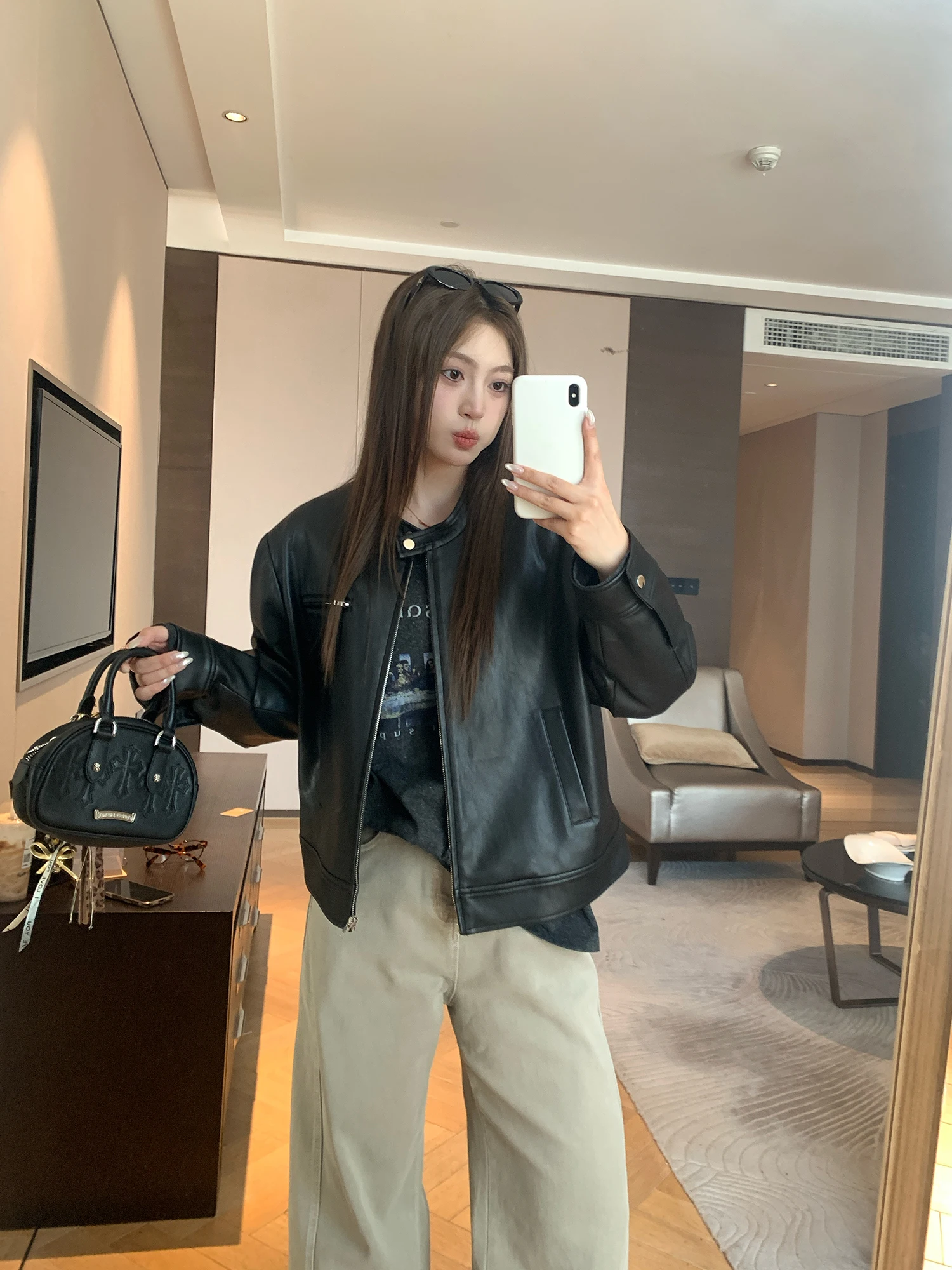 

Куртка из искусственной кожи больших размеров с эффектом похудения, модная, весенняя, с маленьким воротником-стойкой, из экологичного ПУ, повседневная, свободного кроя