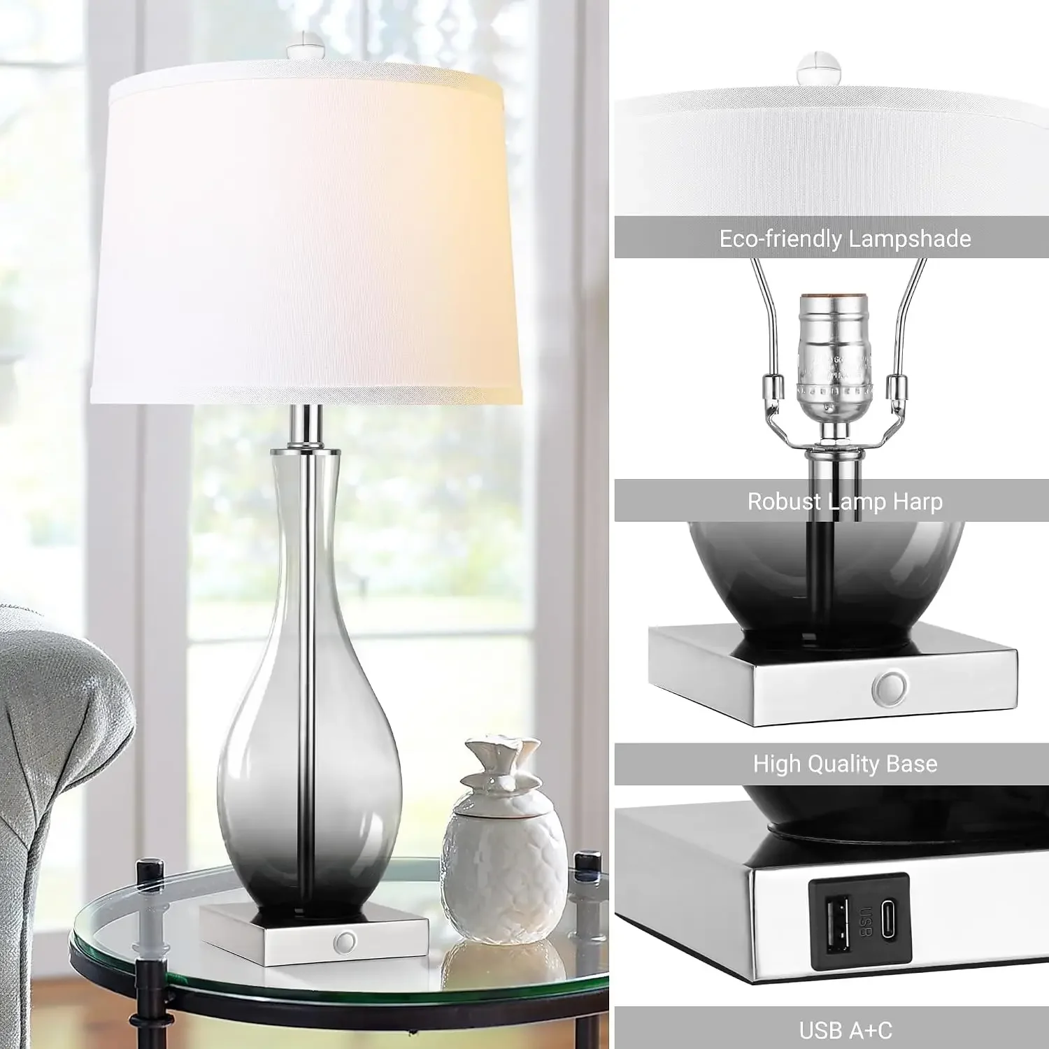 27" Glass Table Lamps with USB-C & USB-A, Touch 3-Way Dimmable, Set of 2, Gray Gradient, E26 Base, Bulbs Included view 6