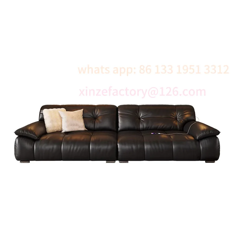 

Leather sofa Italian minimalist first layer cowhide small apartment living room black retro straight row brown sugar sofa