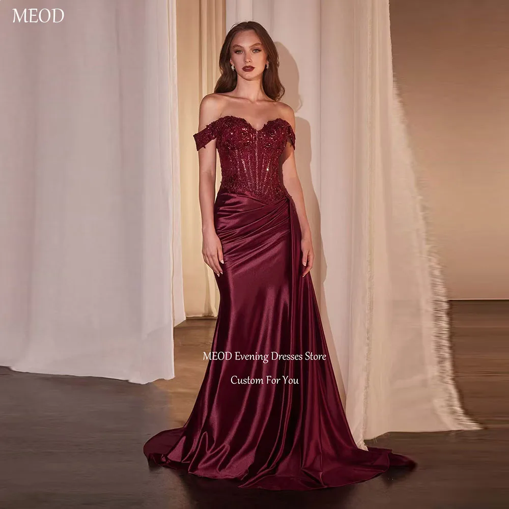 

MEOD Vintage Off The Shoulder Evening Dress Burgundy Sweetheart Satin Vestido De Noche High Slit Mermaid Tenue De Soi Customized