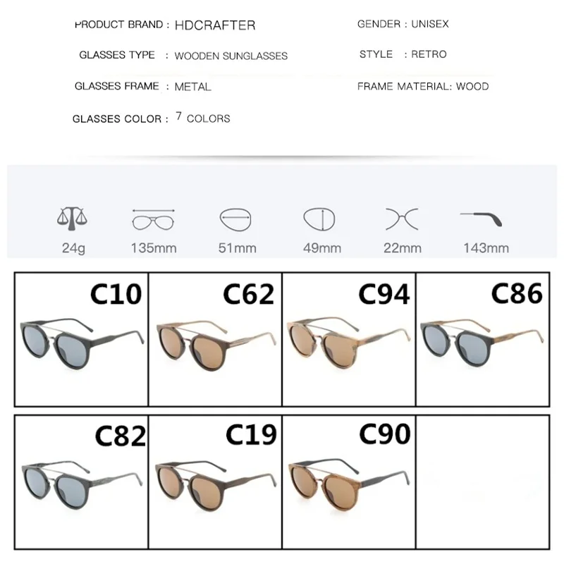 HDCRAFTER Round Vintage Wood Sunglasses Polarized Mens Brand Designer Sun Glasses Wooden Sunglass Women oculos de sol masculino
