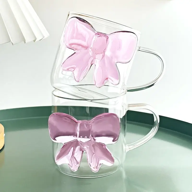 1Pcs Pink Bow Knot Glass Cup Coffee Milk Fruit Cup Heat-resistant Glass Drinks Mug Cups 13oz 400m Lovely Cup