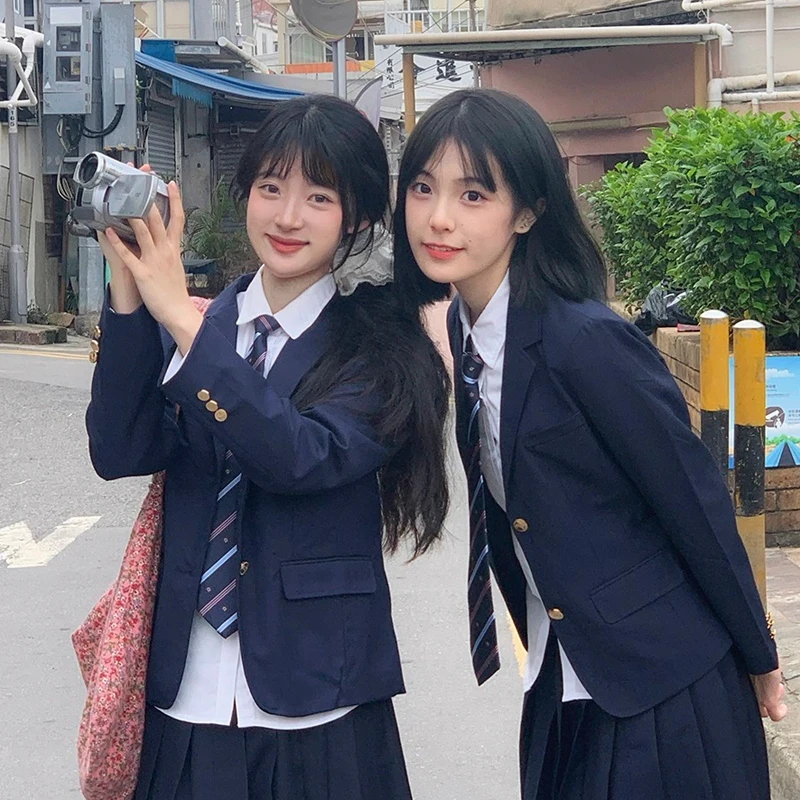 학생을위한 한국 학교 유니폼 배지가있는 재킷 네이비 블루 블레이저 유니폼 일본 고등학교 코트 학교 의류 Seifuku