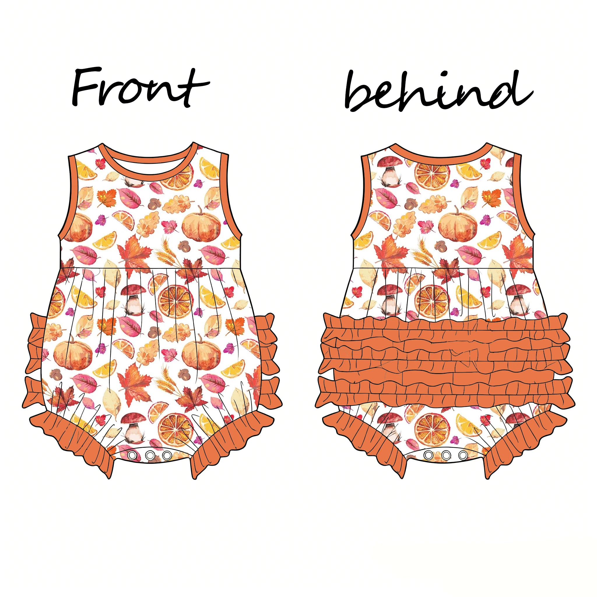 Boutique children's romper round neck sleeveless back 3-layer ruffle design snap fruit and flower print custom wholesale availab