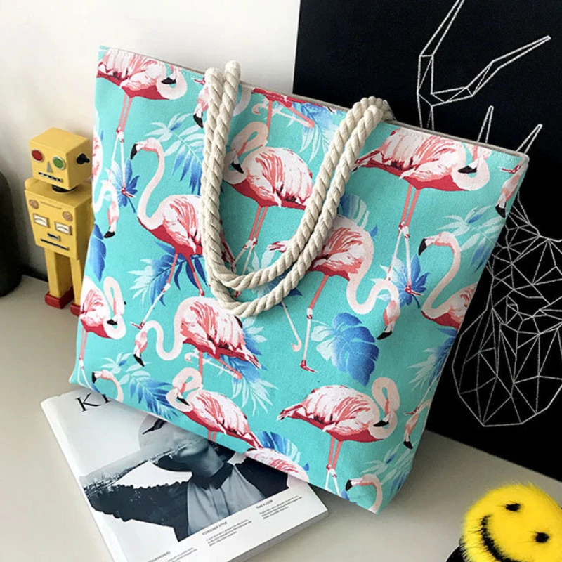 2022 New Fashion Flamingo Women Simple Shoulder Bags Coarse Cotton Rope Girls Canvas Bag Large Capacity Leisure Bag