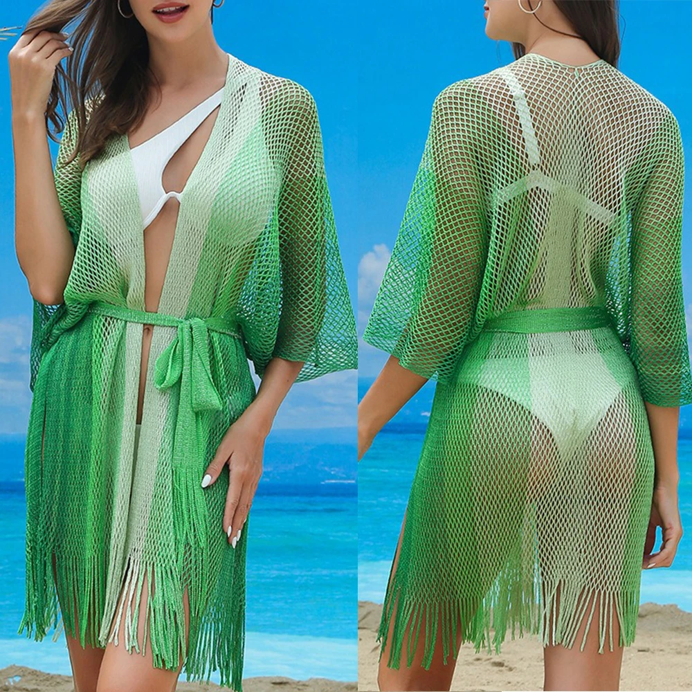 Maillot de bain dégradé pour femmes, robe de vacances découpée, élégante, Cover-up de plage avec bretelles à lacets, détail de pompon dégradé pour le soleil
