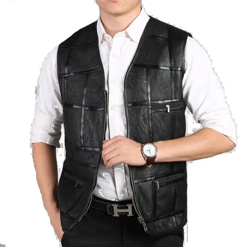 Chaleco de motorista de cuero genuino para hombre, Chaleco de piel de oveja, Tops de retazos, ropa de talla grande, Invierno