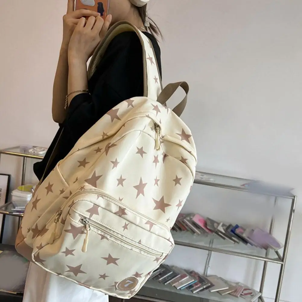 Mochila lisa con estampado de estrellas blancas para mujer, mochila grande de nailon, informal, a la moda, para viaje y regreso a la escuela