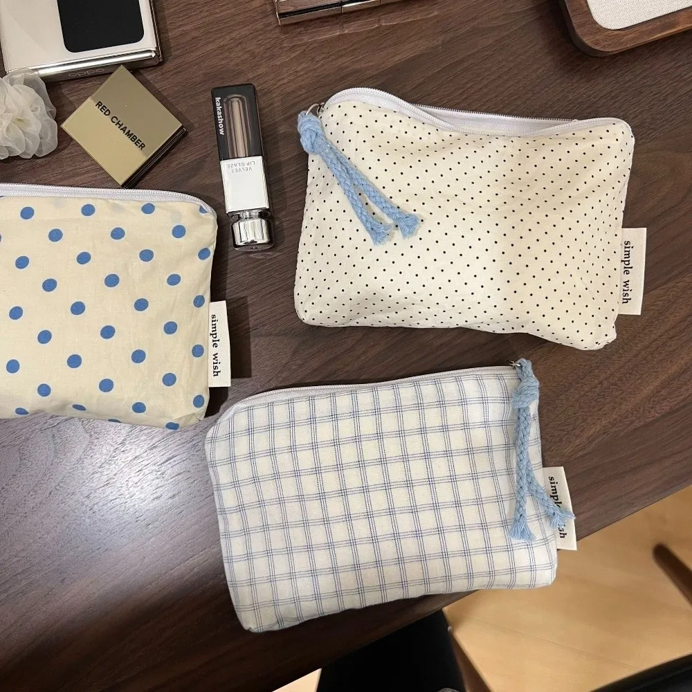 Fashion Blue Striped Plaid Makeup Bag Mini Canvas Women's Wallet Coin Purse Cosmetic Organizer Bag