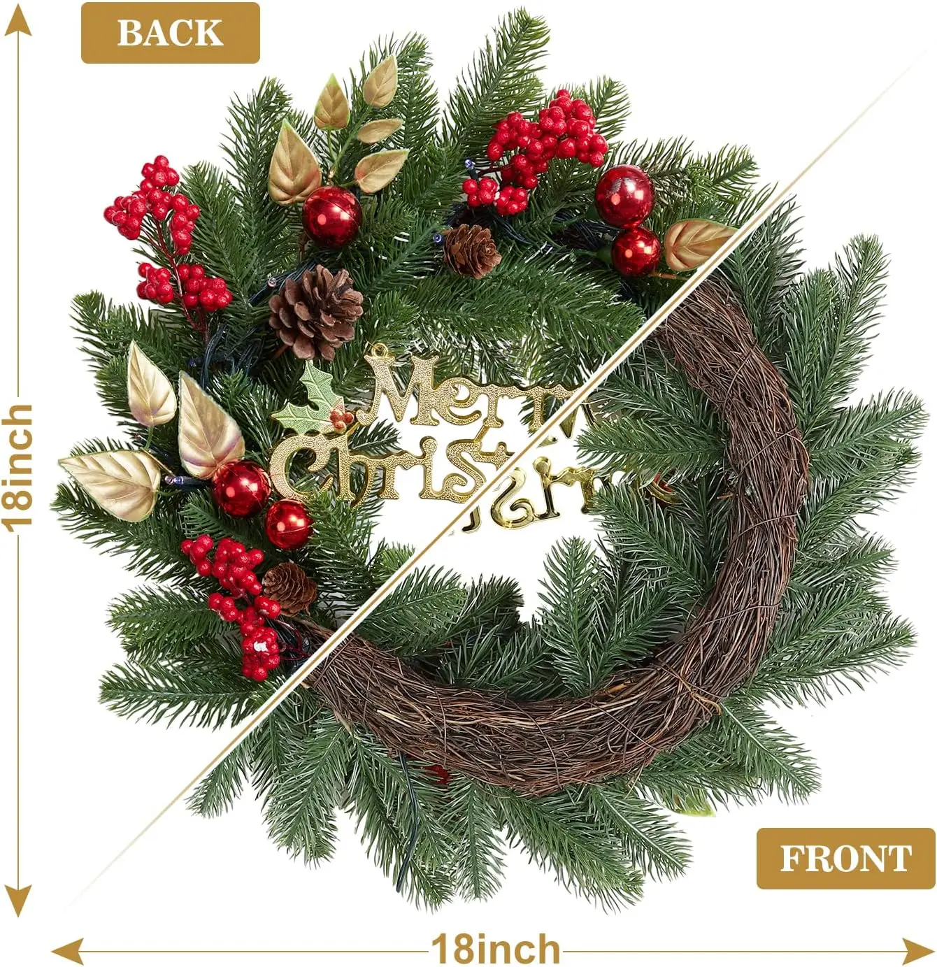 Garvee 18 Inch Pre-Lit Christmas Wreath Outdoor Lighted Christmas Wreath with Pine Cones, Berry, Colorful Lights for Front Door Artificial Xmas Wreath for Holiday Party Decorations view 4