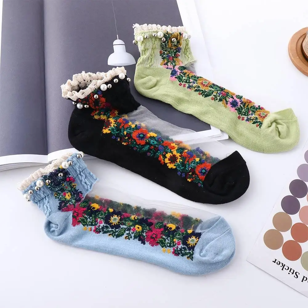 Transparent Cute Summer Women Spring Pearl Hosiery Short Socks Boat Socks Embroidery Flowers Socks