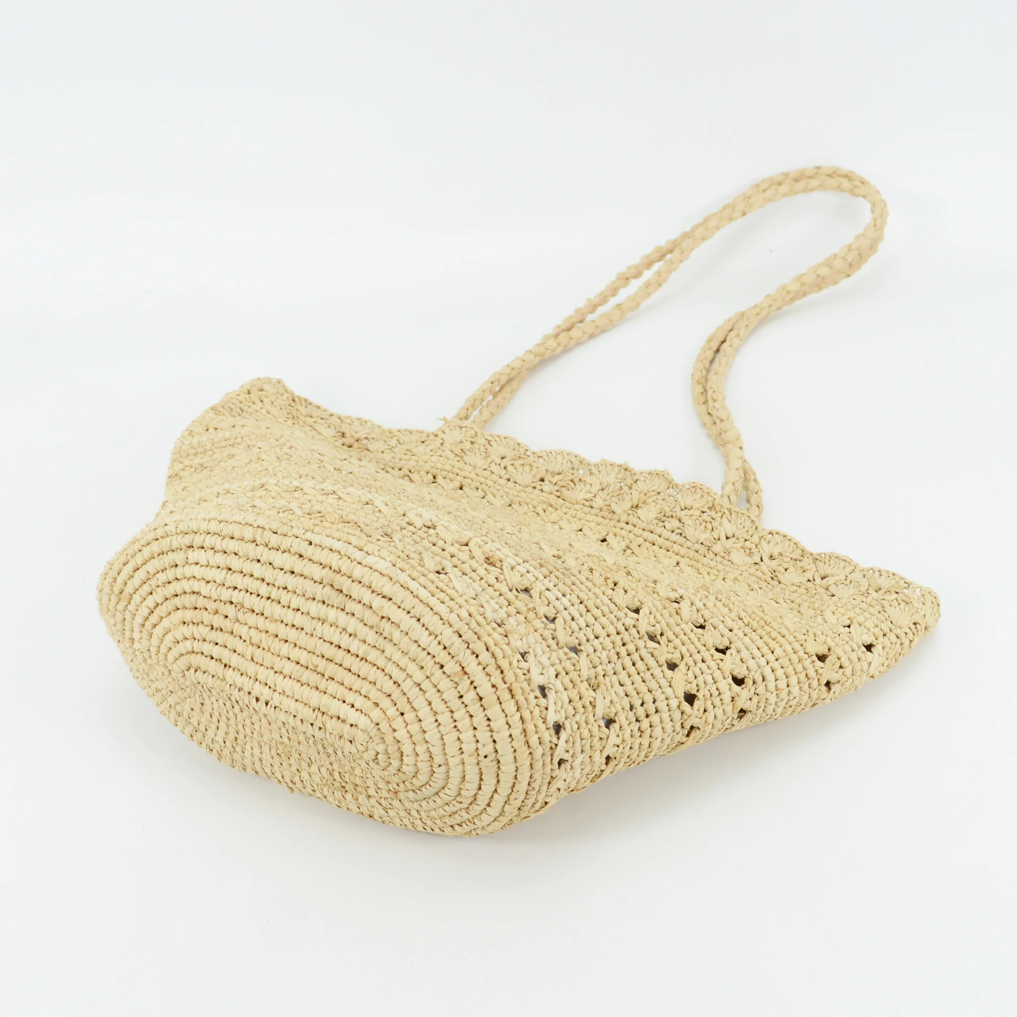 Handmade Crocheted Natural Raffia Shoulder Bag Hollow Out Design