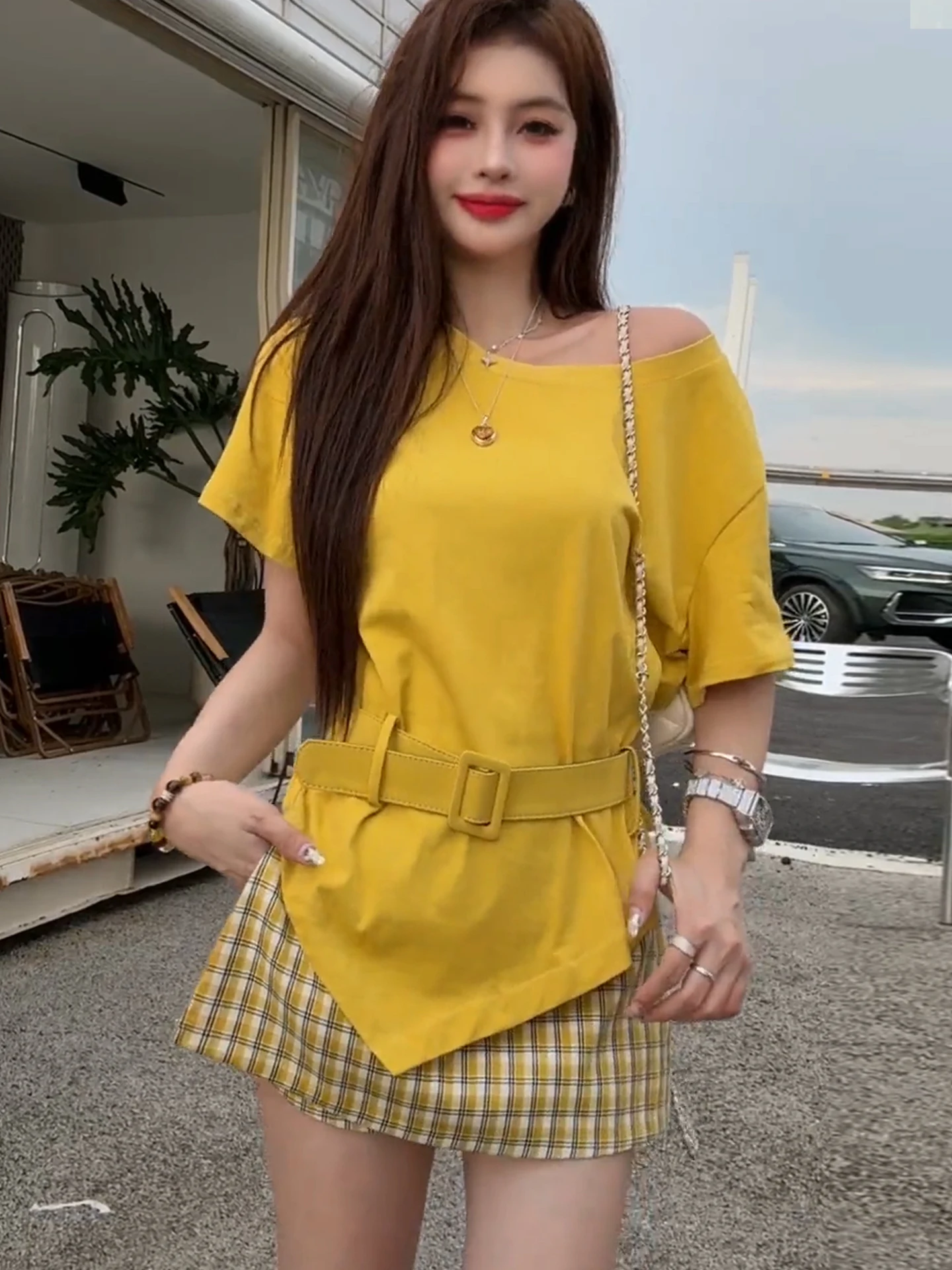 

High Waist Plaid Skirt And T-Shirt Two-Piece Set for Women Summer 2025 Fashion Polyester Fiber Short Sleeve round Neck