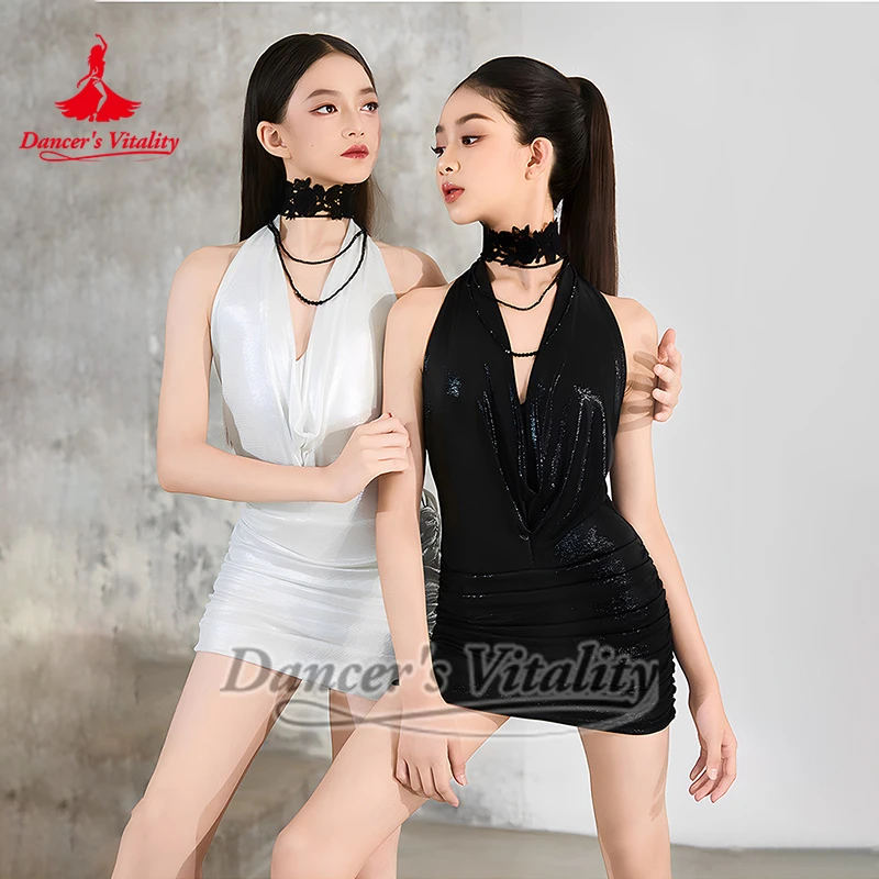 Подростковые два цвета доступны с v-образным вырезом из глянцевой ткани, платье для латинских тренировок в комплекте, ожерелье, жизненная танцовщица, одежда для самбы