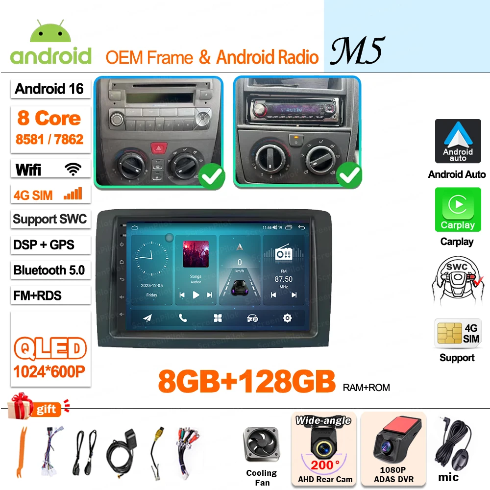 Android 16 Carplay Display Scherm GPS Navigatie Autoradio voor Fiat Idea Lancia Musa 2003 2004 2005 2006 2007 2008, geen 2din video. - afbeelding 1