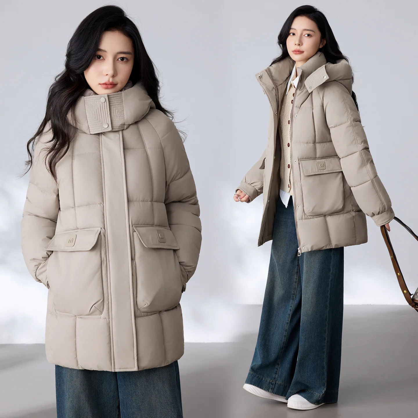 

Средняя длинная хлопковая стеганая куртка с капюшоном, женские парки, зимние новые корейские свободные большие размеры, модная хлопковая одежда, женские парки