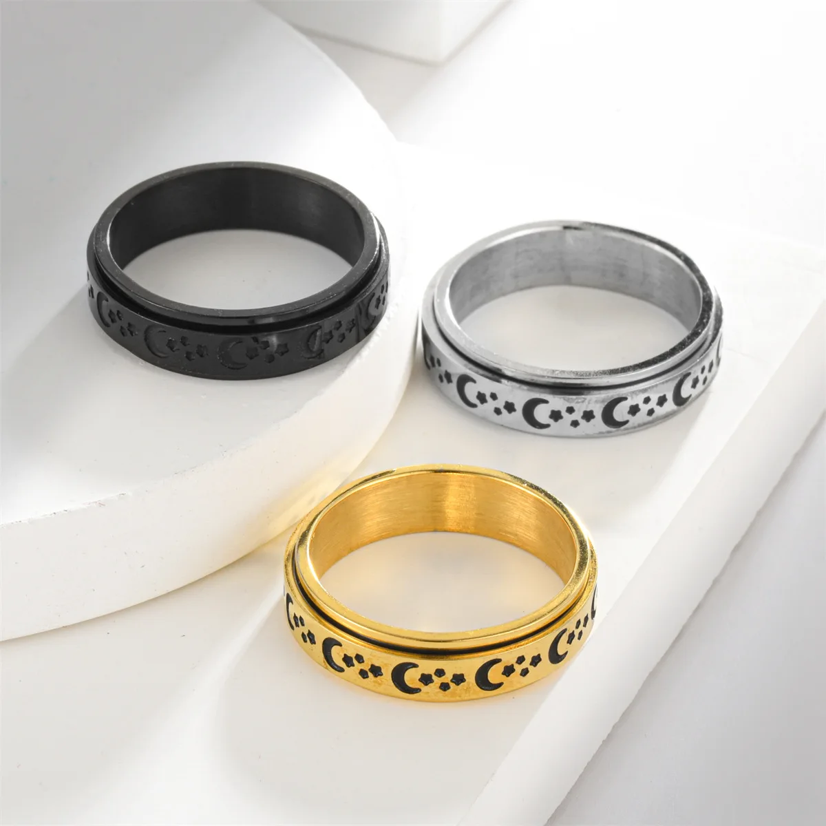 6MM Vintage Anxiety Free Rotation Women's Stainless Steel Ring Hollow Star Moon Party Charm Jewelry Best Friend Gift