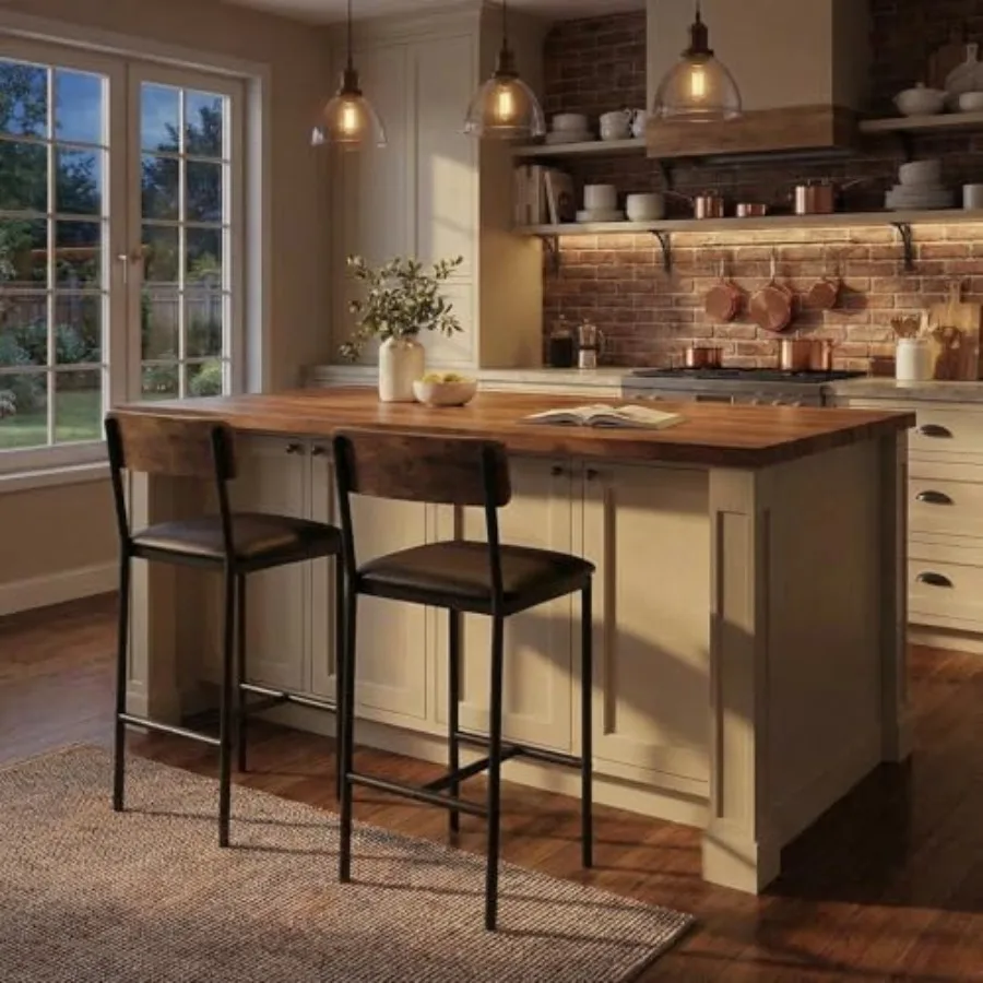 

Set of, Kitchen Bar Stools with Footrest, 5.5 Inch Upholstered Chairs with Back, Counter Height for Counter, Island, Easy Assem