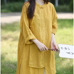 2024 Original Design of Cotton and Linen Tops Women's Literary Retro Disc Buckle Chinese Style Zen Mid-length Shirt Female