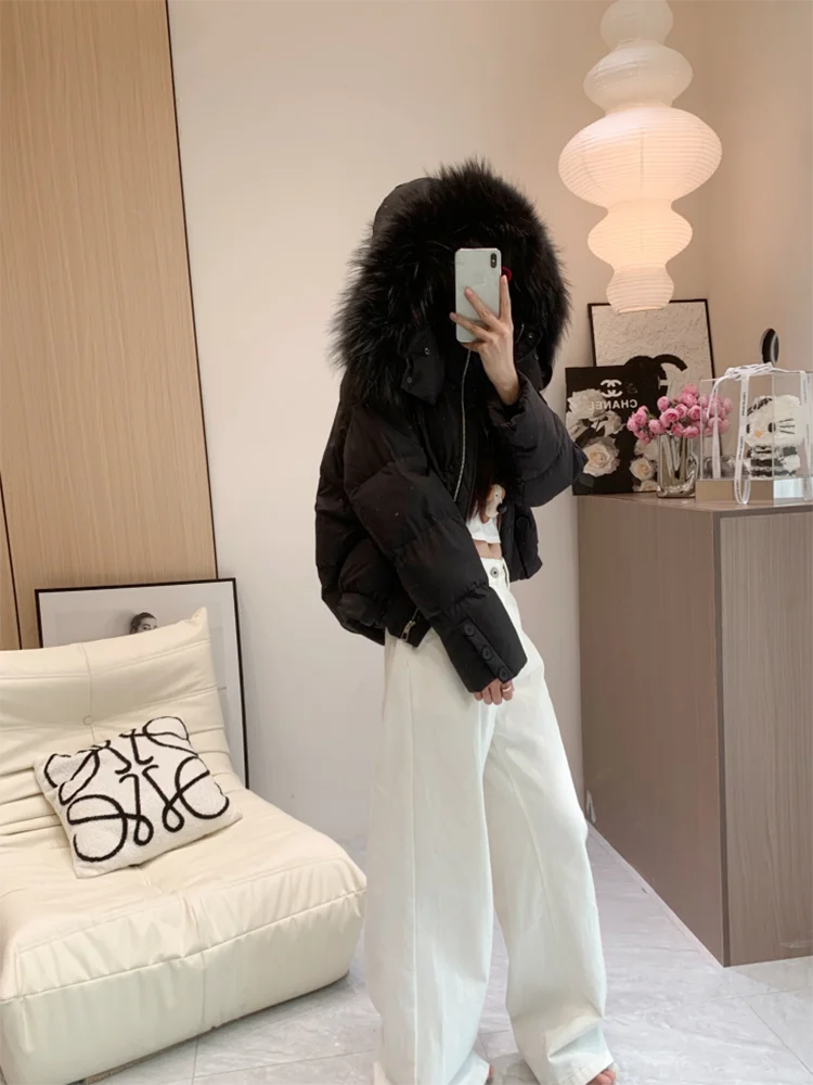 Winter warmer Mantel Fuchs Pelz kragen Daunen jacke für Frauen Kapuze Loose Fit 2024 neue weiße Enten Daunen mäntel abrigo mujer