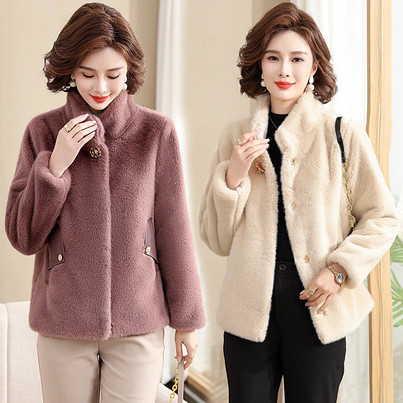 Women Winter Thick Loose Warm Outwear Plush Stand Collar short Jacket Female Mink Velvet Luxury High Imitation Mink Fur Coats