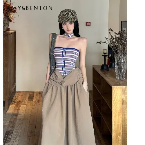 

2025 Summer New Women's High-End Design Pink Blue Striped Halter Fake Two-Piece Strapless Long Loose Casual Dress