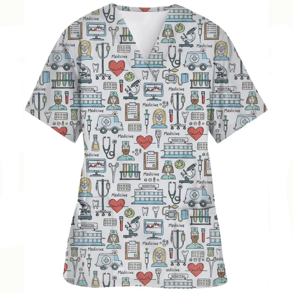 Verpleegkundige Uniform Vrouwen Werkkleding Scrubs Top Met Twee Zakken Grafische Print V-Hals Medische Korte Mouw T-Shirts Blouse