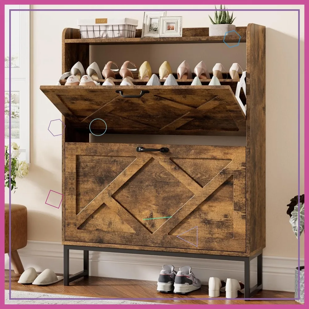 

Отдельностоящий узкий шкаф для обуви с 2 откидными ящиками, металлическими ножками, в деревенском стиле, коричневый, для прихожей, фойе, коридора